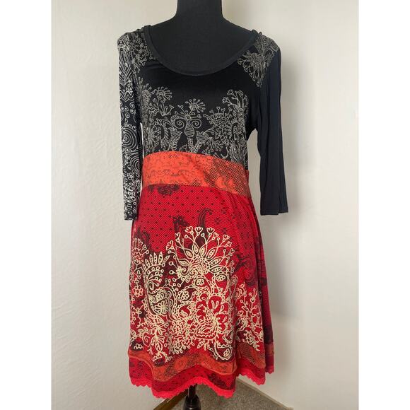 Papillon Women's Layer Lace Paisley Color Block Artzy Boho Hippie Short Dress M - Picture 1 of 9